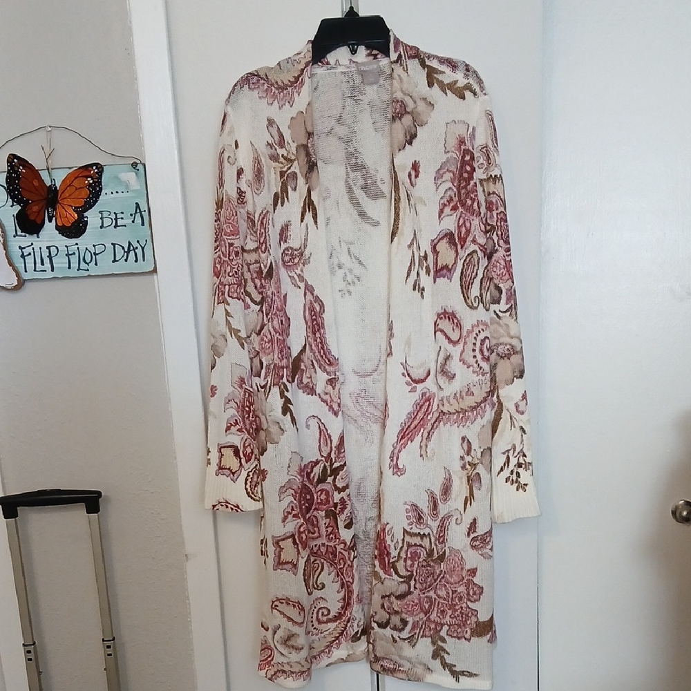 Chico's Cream and Pink Knit Cardigan